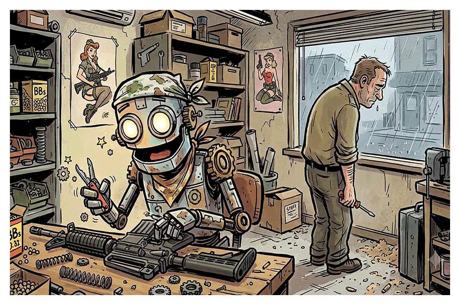 An AI-styled airsoft technician at a workbench